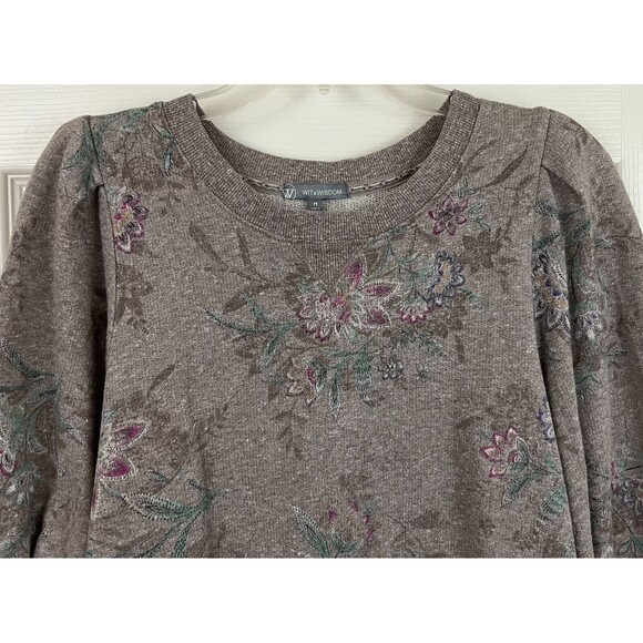 WIT & WISDOM - Brown Floral Puff 3/4 Sleeve French Terry Knit Top size Medium - Picture 2 of 8